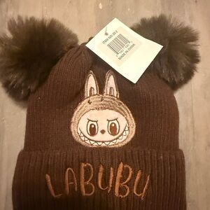 NWT Labubu Monster Youth Knit Beanie Hat With Two Pompoms Fleece Lined Brown